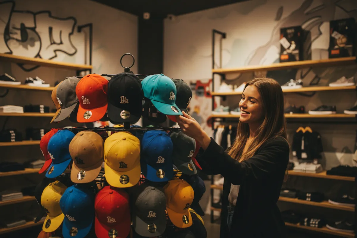 Interior de tienda urbana con exhibidor de gorras coloridas, una clienta joven sonriendo mientras elige un modelo.