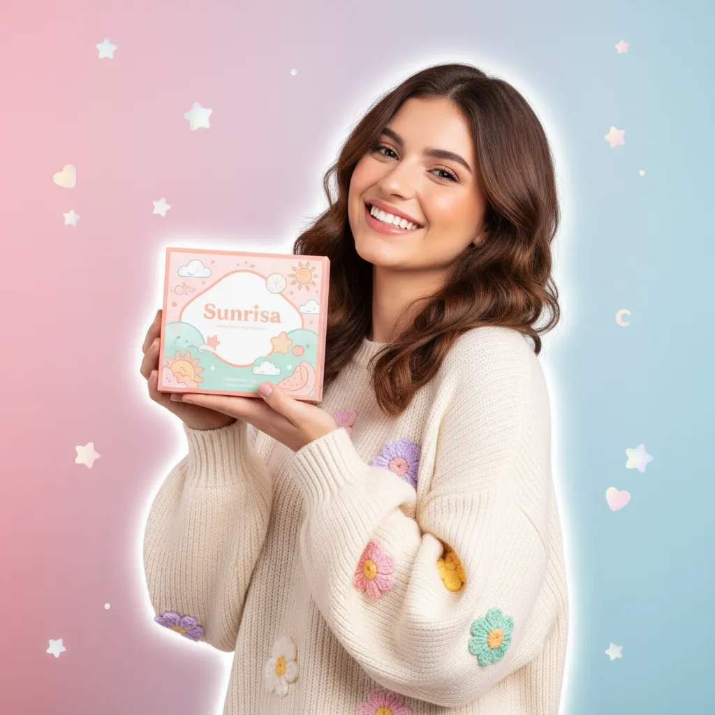 Joven venezolana sonriente, cabello castaño, sosteniendo caja de skincare Sunrisa, fondo pastel, estilo kawaii