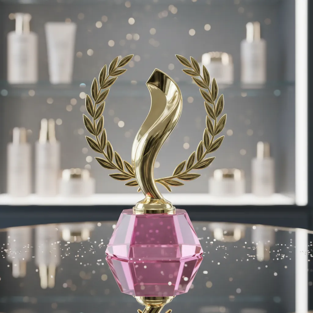 Award trophy with a gold laurel and pink base, placed on a mirrored surface. The background is softly blurred, with subtle sparkles and a hint of a beauty product shelf, symbolizing recognition and leadership in the beauty industry.