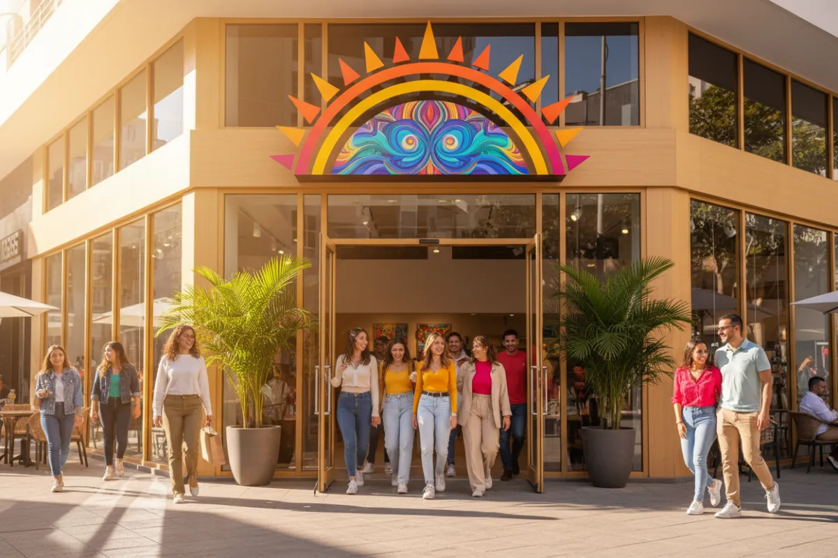 Fachada de tienda Sunrisa Candelaria2, letrero colorido, clientes entrando, ambiente alegre, día soleado, estilo moderno