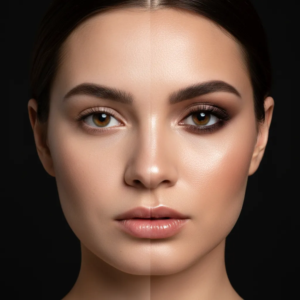 Rostro femenino antes y después de tratamiento facial, mitad izquierda sin maquillaje, mitad derecha luminosa y maquillada, fondo negro, luz suave, composición simétrica, estilo beauty editorial.