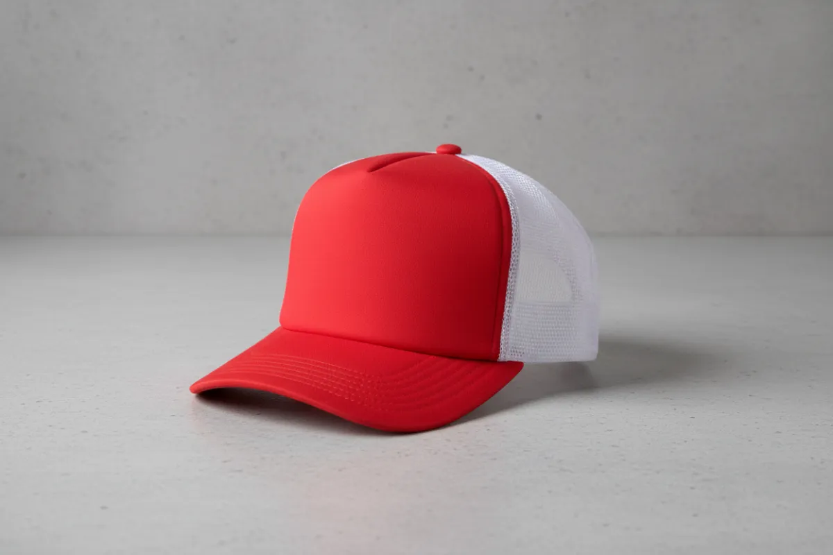 Gorra trucker roja y blanca sobre fondo de concreto