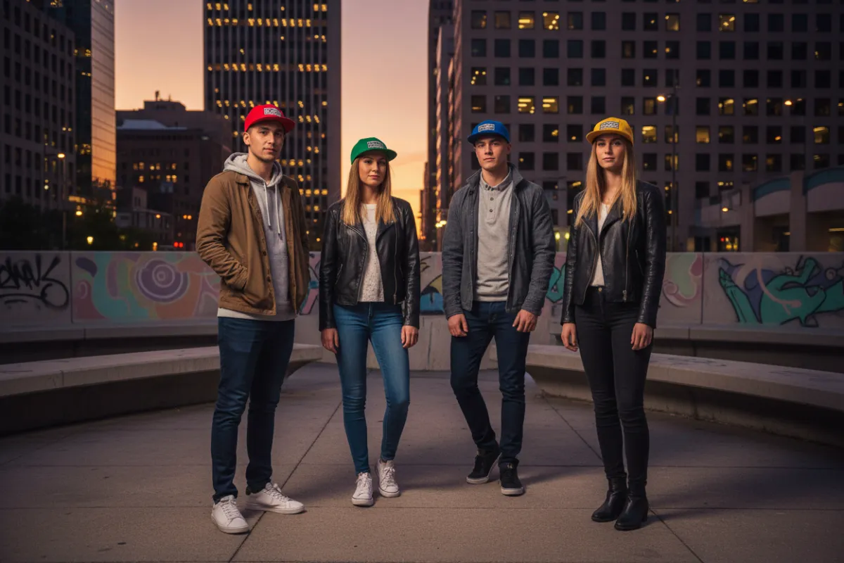 Grupo de jóvenes usando gorras urbanas en una plaza