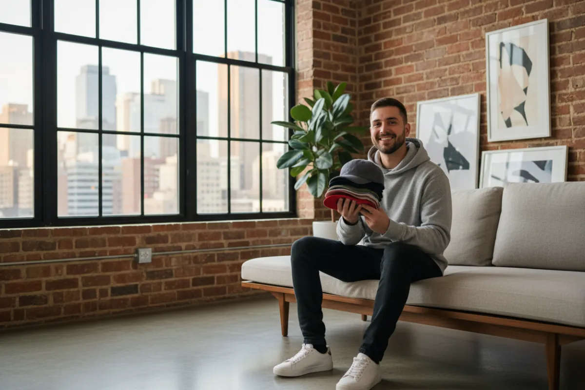 Joven mostrando gorras recibidas en su casa, fondo urbano