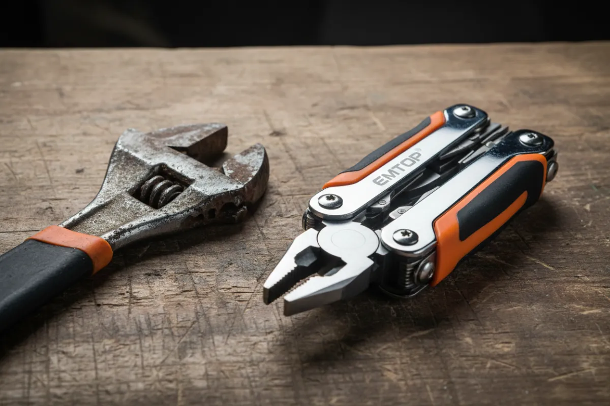 Detalle de una herramienta desgastada y oxidada junto a una nueva herramienta EMTOP, sobre una mesa de trabajo, resaltando la diferencia en calidad y durabilidad.