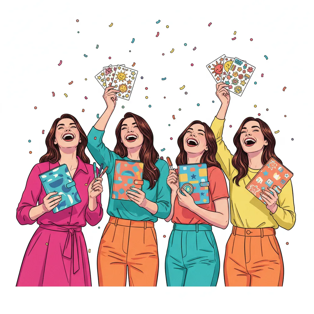 Grupo de amigas jóvenes, risueñas, mostrando planners y accesorios Sunrisa, fondo blanco, ambiente festivo, estilo pop