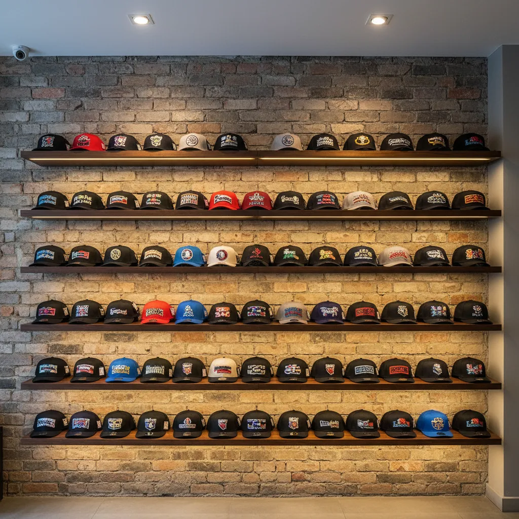 Muro de la tienda Esparta con gorras exhibidas, iluminación cálida, fondo gris claro, sin personas, composición cuadrada