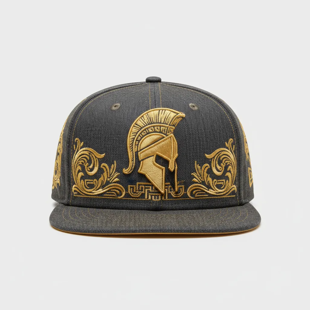 Primer plano de una gorra New Era Esparta, detalles bordados dorados, textura premium, fondo gris claro, sin personas, composición cuadrada