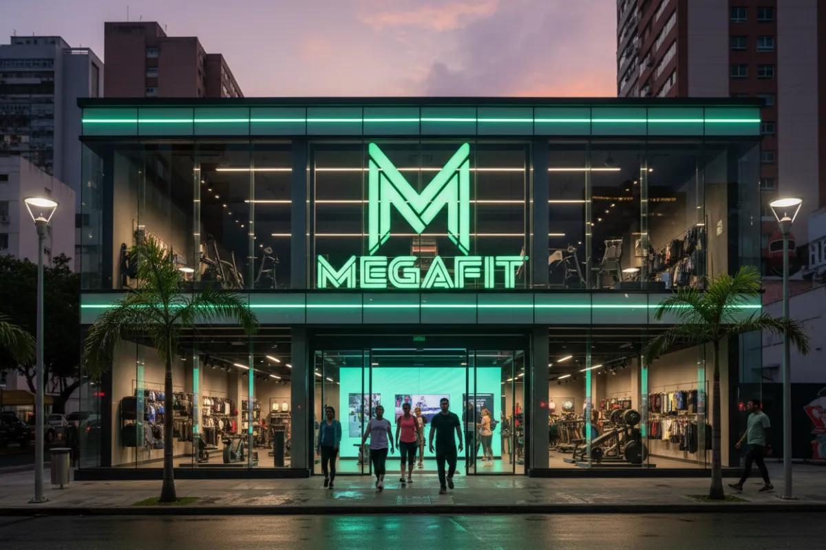 Exterior de una moderna tienda Megafit en Caracas, con grandes ventanales de vidrio, letrero verde neón y clientes entrando. Entorno urbano, iluminación nocturna, atmósfera enérgica. Relación de aspecto 3:2.