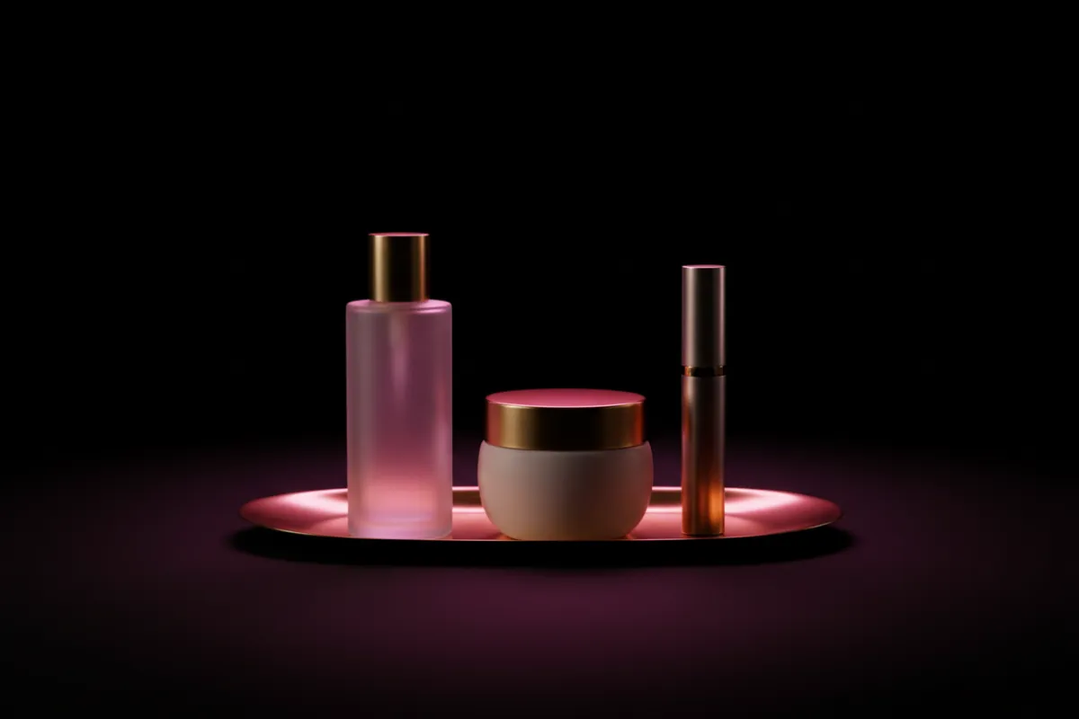 Set de productos de belleza premium sobre bandeja dorada, fondo negro, luz suave magenta, ambiente elegante, composición minimalista, estilo fotografía de producto de lujo