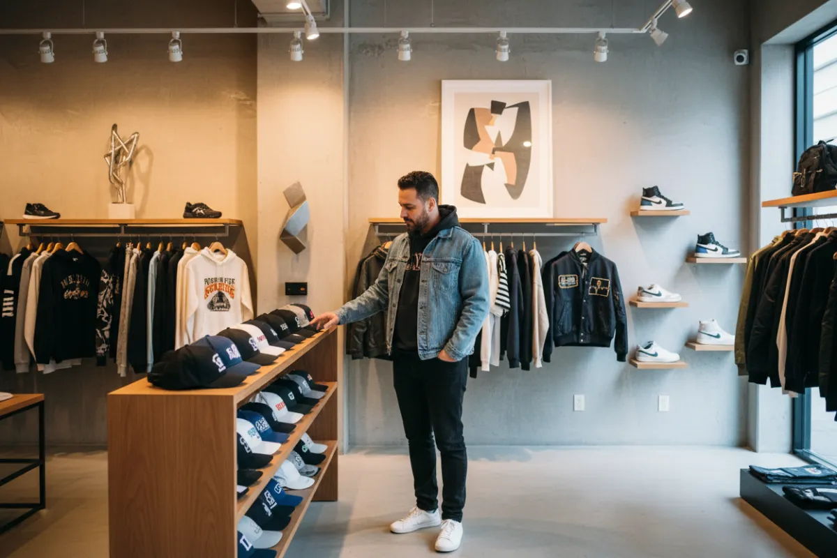 Dueño de tienda urbana revisando gorras en su local