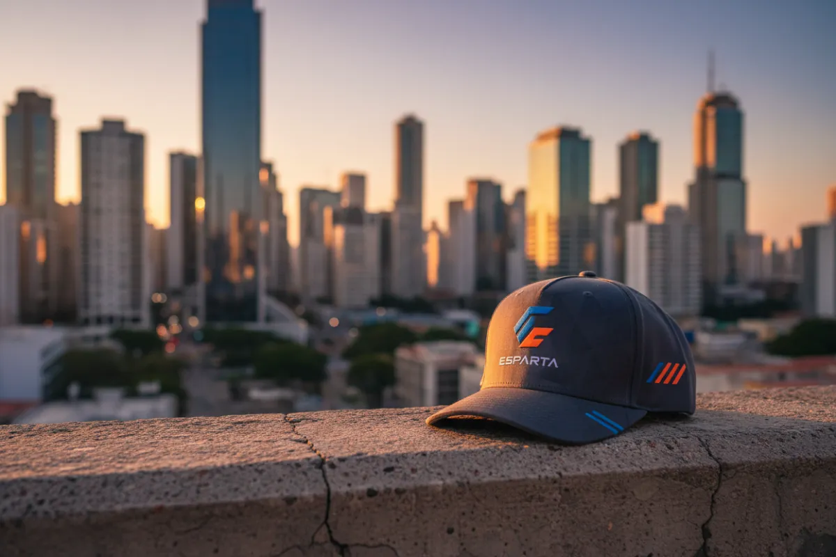Gorra Esparta sobre superficie urbana, fondo de ciudad desenfocado, luz dorada al atardecer, sin personas, composición horizontal, estilo moderno