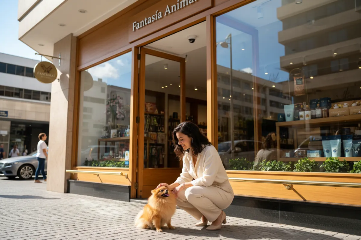 Dueña joven acariciando a su perro pequeño en la entrada de la tienda Fantasía Animal, fachada moderna y ambiente acogedor