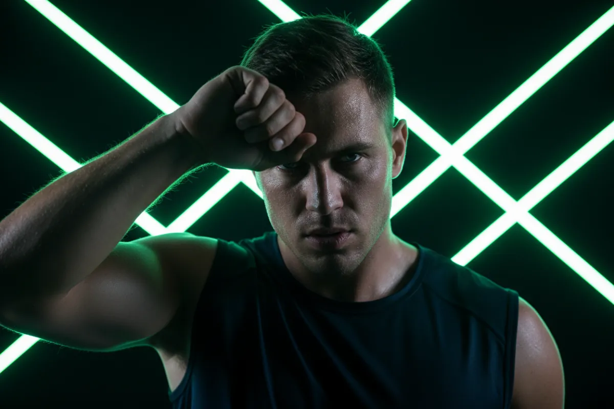 Primer plano de un atleta decidido secándose el sudor de la frente, con líneas diagonales verde neón en el fondo, simbolizando energía renovada y recuperación rápida. Relación de aspecto 3:2.