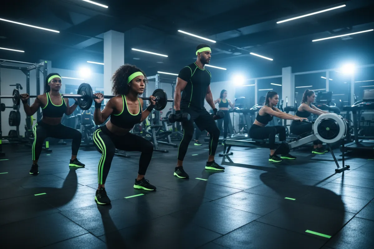 Un grupo diverso de atletas venezolanos —hombres y mujeres— entrenando en un gimnasio moderno, cada uno usando distinto equipo, con acentos en verde neón en su equipamiento y una iluminación energética. Relación de aspecto 3:2.