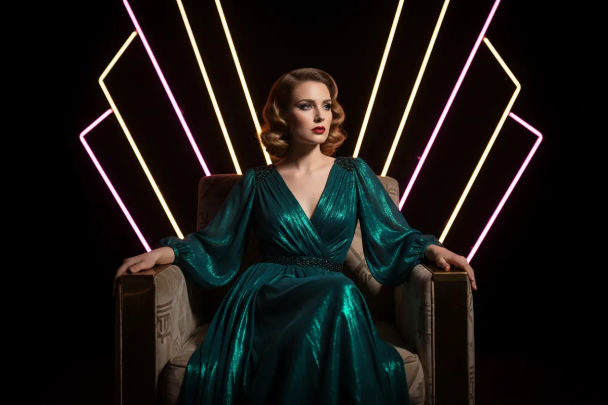 Mujer elegante con peinado glamoroso y maquillaje sofisticado, sentada en un sillón Art Deco bajo luces neón fucsia y doradas, fondo negro, ambiente nocturno chic, estilo fotografía editorial, composición vibrante y lujosa.