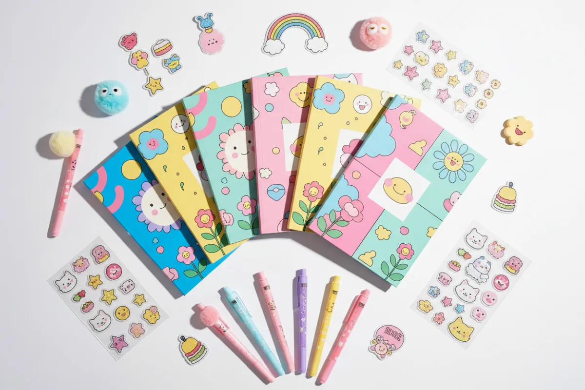 Planners 2026 Sunrisa Candelaria2, portada colorida, bolígrafos kawaii, fondo blanco, estilo pop, luz brillante