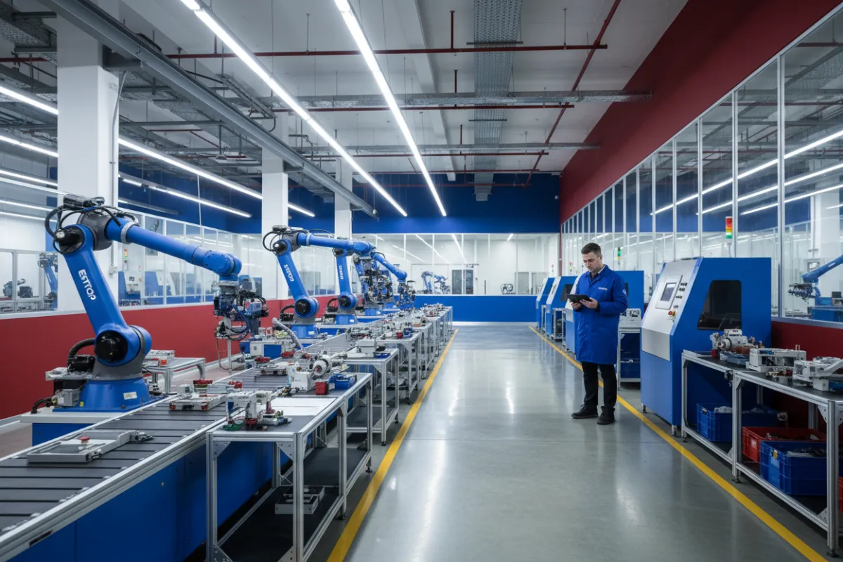 Vista interior de la fábrica EMTOP, líneas de ensamblaje automatizadas, ingenieros supervisando procesos, ambiente moderno y ordenado, predominan colores corporativos azul y rojo.