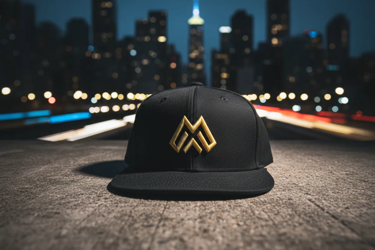 Gorra snapback negra con detalles dorados sobre fondo de ciudad