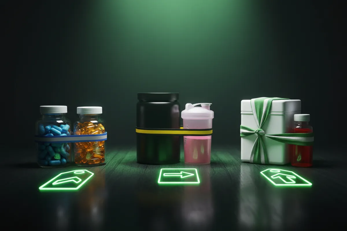 Una vibrante exhibición de tres packs combinados de suplementos, cada uno con distintas marcas y tipos de producto, dispuestos sobre una mesa oscura con etiquetas de precio neón verdes y gráficos de flechas diagonales. Relación de aspecto 3:2.