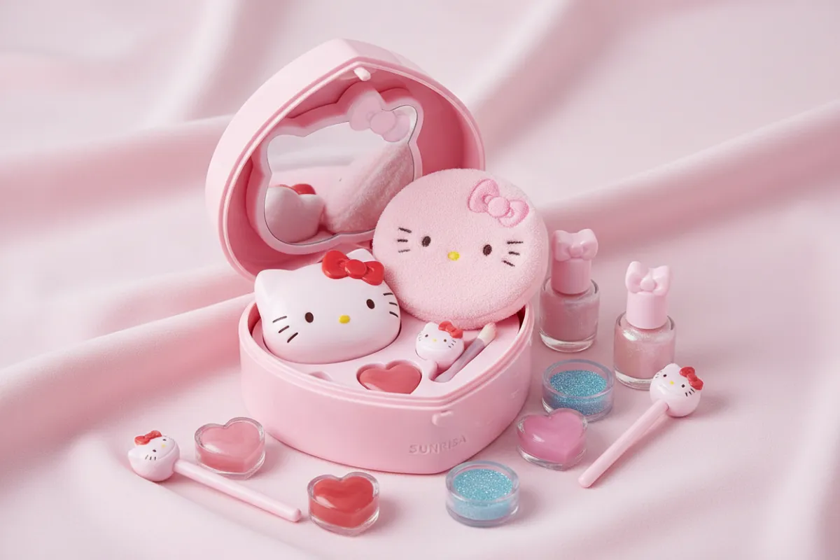 Estuche Hello Kitty Sunrisa, accesorios de maquillaje, fondo rosa claro, ambiente ordenado, estilo kawaii, luz suave