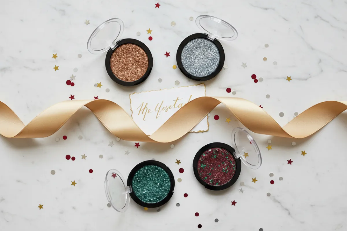 Flat lay of a holiday-themed beauty kit with gold ribbon, shimmering eyeshadows, and a handwritten note. The background is a marble surface with scattered confetti, creating a festive, premium feel perfect for gifting.