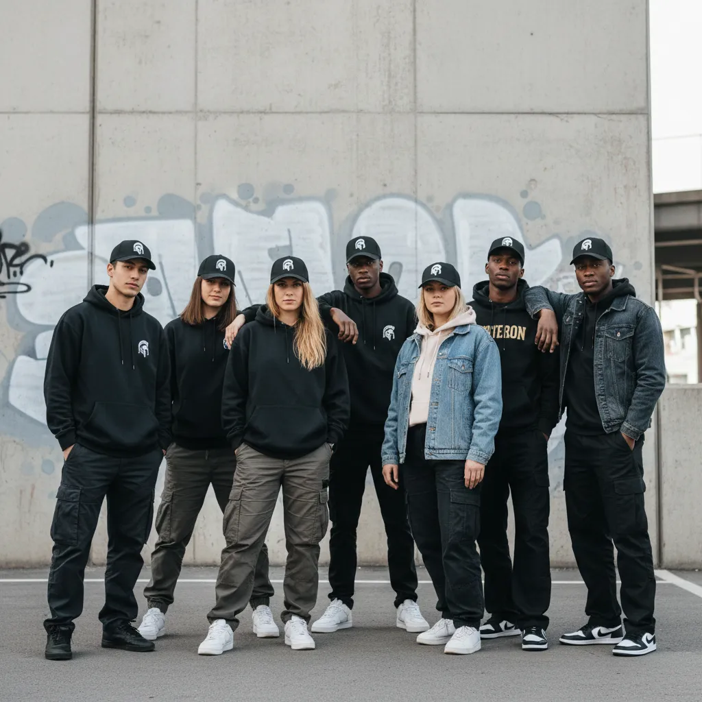 Grupo diverso de jóvenes adultos con gorras Esparta, posando en ambiente urbano, fondo grafiti gris claro, estilos de ropa streetwear, actitud segura, luz natural, composición cuadrada