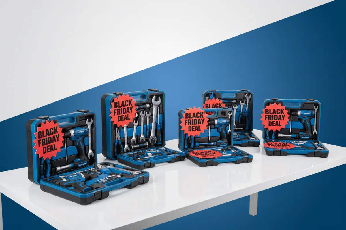 Mesa de exhibición en showroom con kits de herramientas EMTOP organizados, etiquetas de oferta Black Friday, fondo blanco y azul, ambiente limpio y profesional.