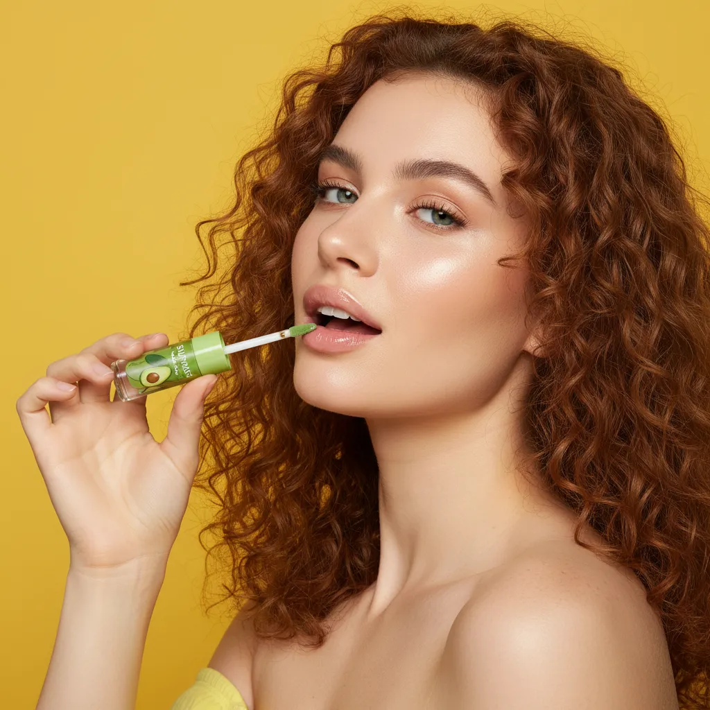 Joven con look moderno, usando labial de aguacate Sunrisa, fondo amarillo, expresión divertida, estilo vibrante