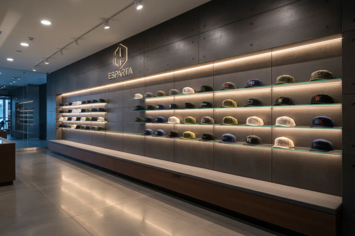 Muro icónico de la tienda Esparta, gorras exhibidas, iluminación cálida, ambiente moderno, sin personas, composición horizontal