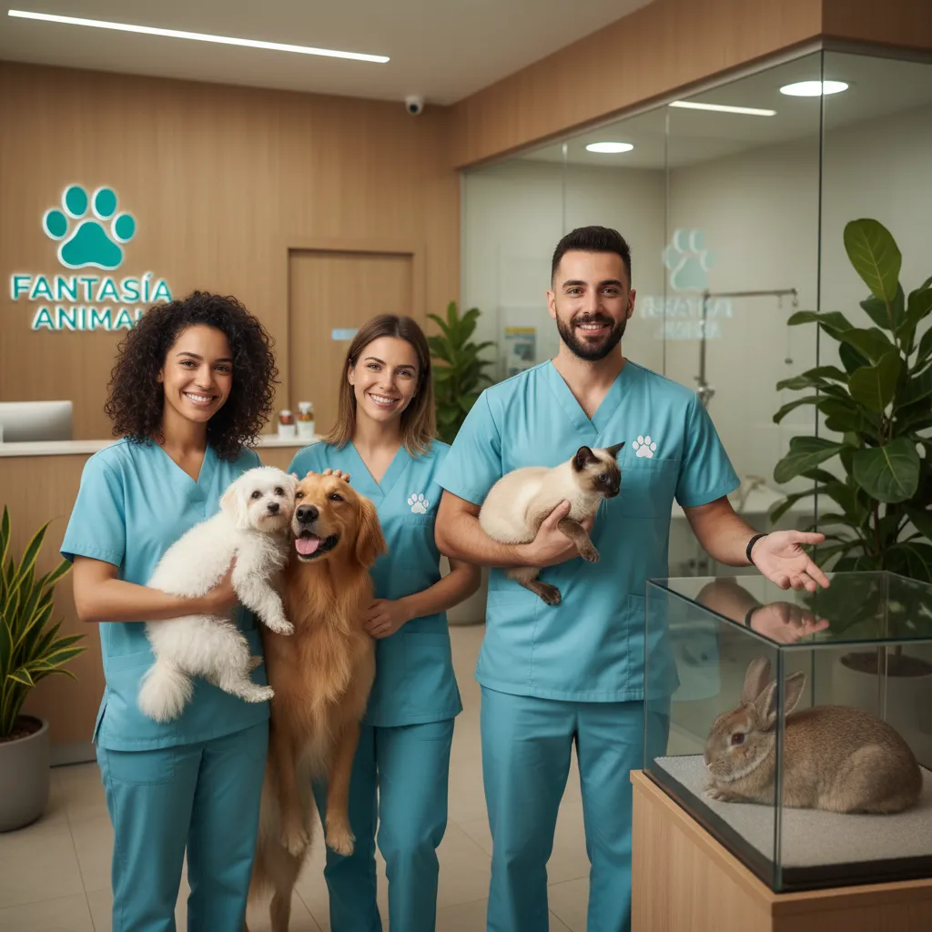 Cuatro profesionales (dos mujeres, dos hombres) en uniformes de veterinaria y grooming, posando juntos en la clínica de Fantasía Animal. Fondo moderno con detalles en madera clara y plantas, transmitiendo confianza, experiencia y calidez en el trato animal.