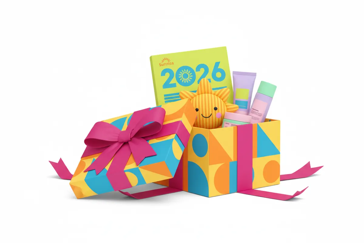 Caja de regalo Sunrisa, envuelta con lazo magenta, productos variados: planner, skincare, peluche, fondo blanco, estilo pop