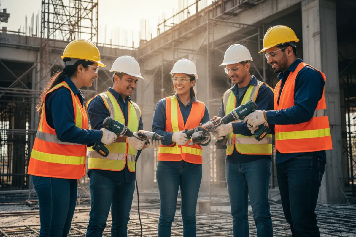 Equipo de profesionales venezolanos colaborando en una obra, usando herramientas EMTOP, con expresión de satisfacción y eficiencia, fondo de estructuras metálicas y luz natural.