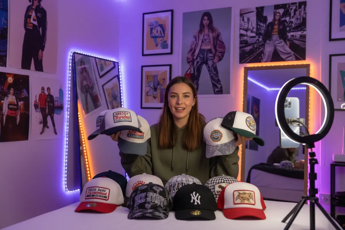 Joven emprendedor mostrando gorras en Instagram Live