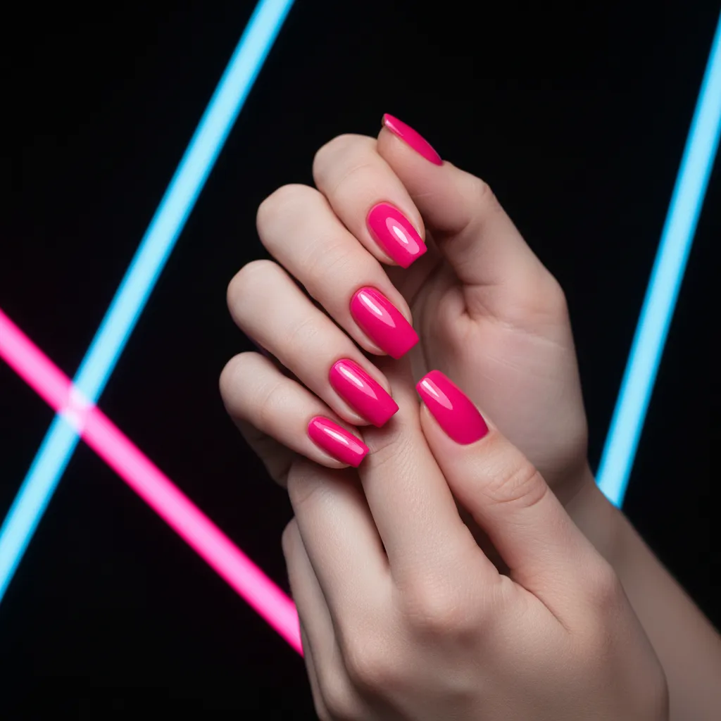 Manos femeninas después de manicura, uñas esmaltadas fucsia brillante, fondo negro, luz neón, composición centrada, estilo realista, ambiente de estudio.