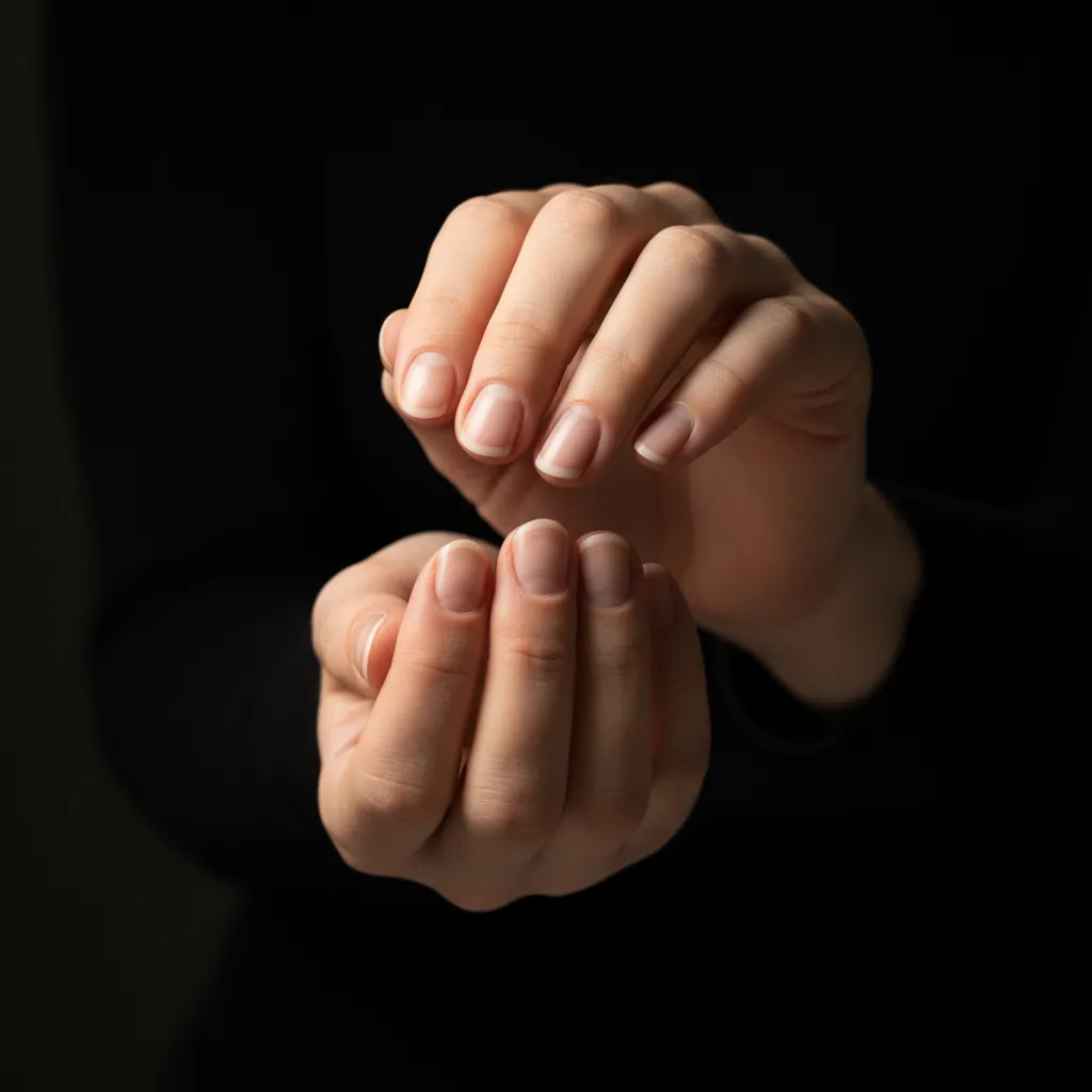 Manos femeninas antes de manicura, uñas naturales, fondo negro, luz tenue, composición centrada, estilo realista, ambiente de estudio.