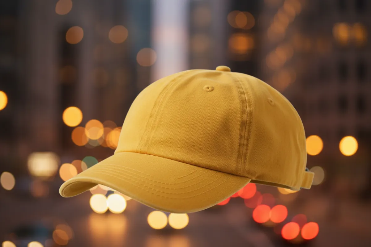 Gorra dad hat amarilla sobre fondo de luces urbanas
