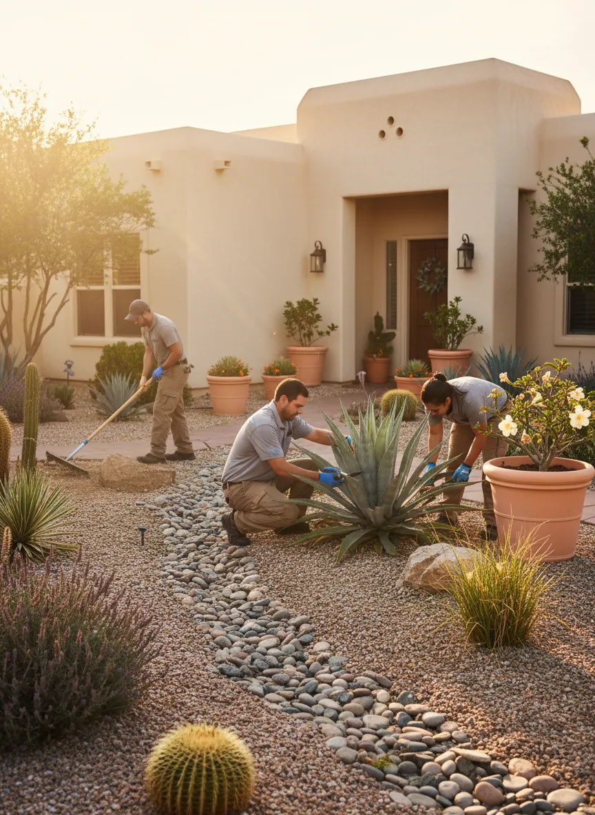 Landscaping professionals maintaining a desert yard in Las Cruces, NM