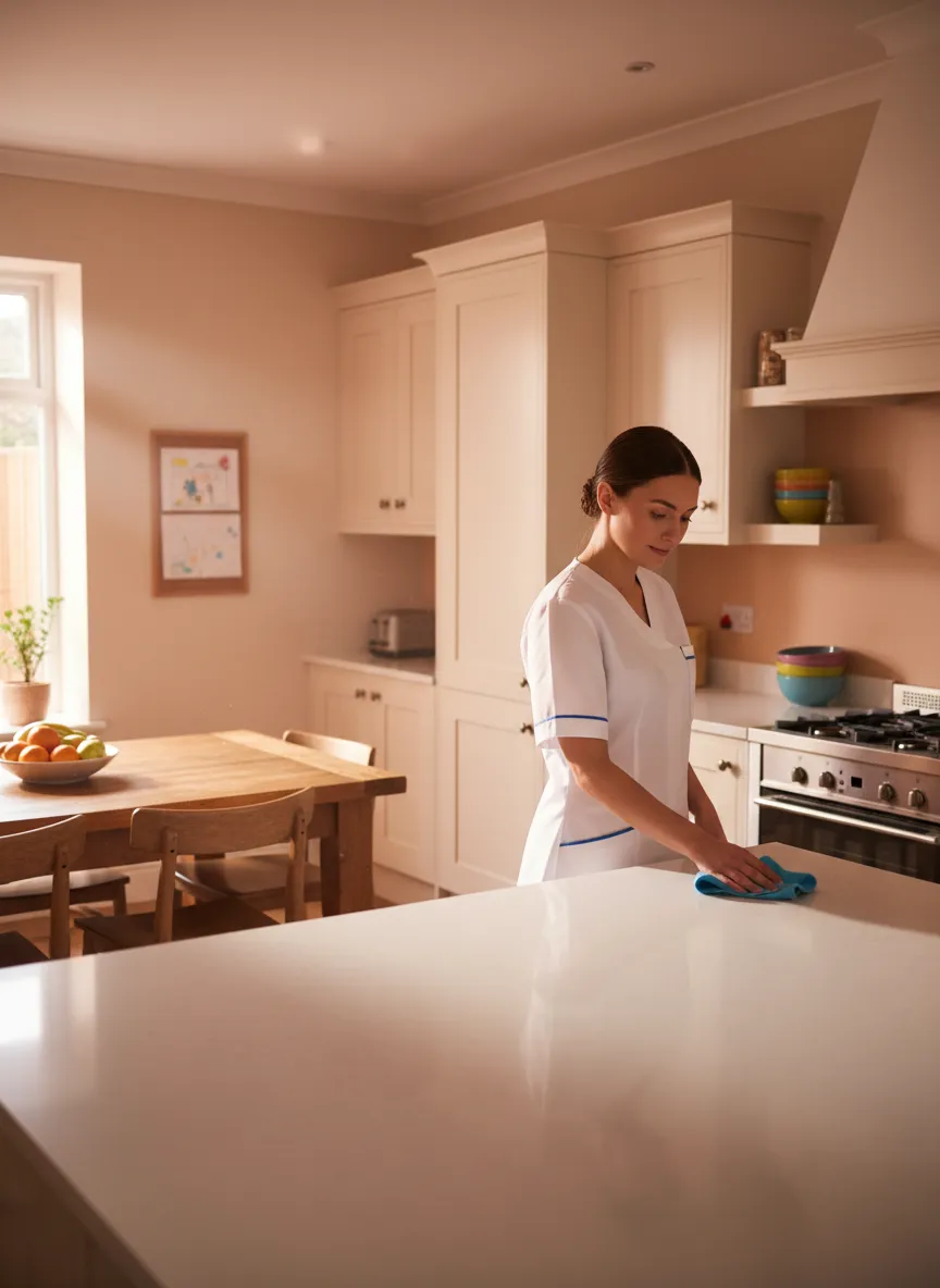 Professional home cleaning team member working in a bright living room