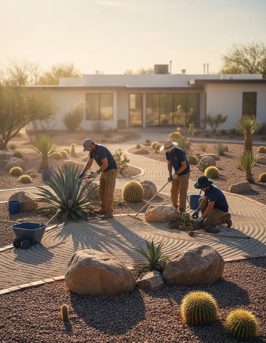 Landscaping professionals maintaining a desert property in the Upper Valley