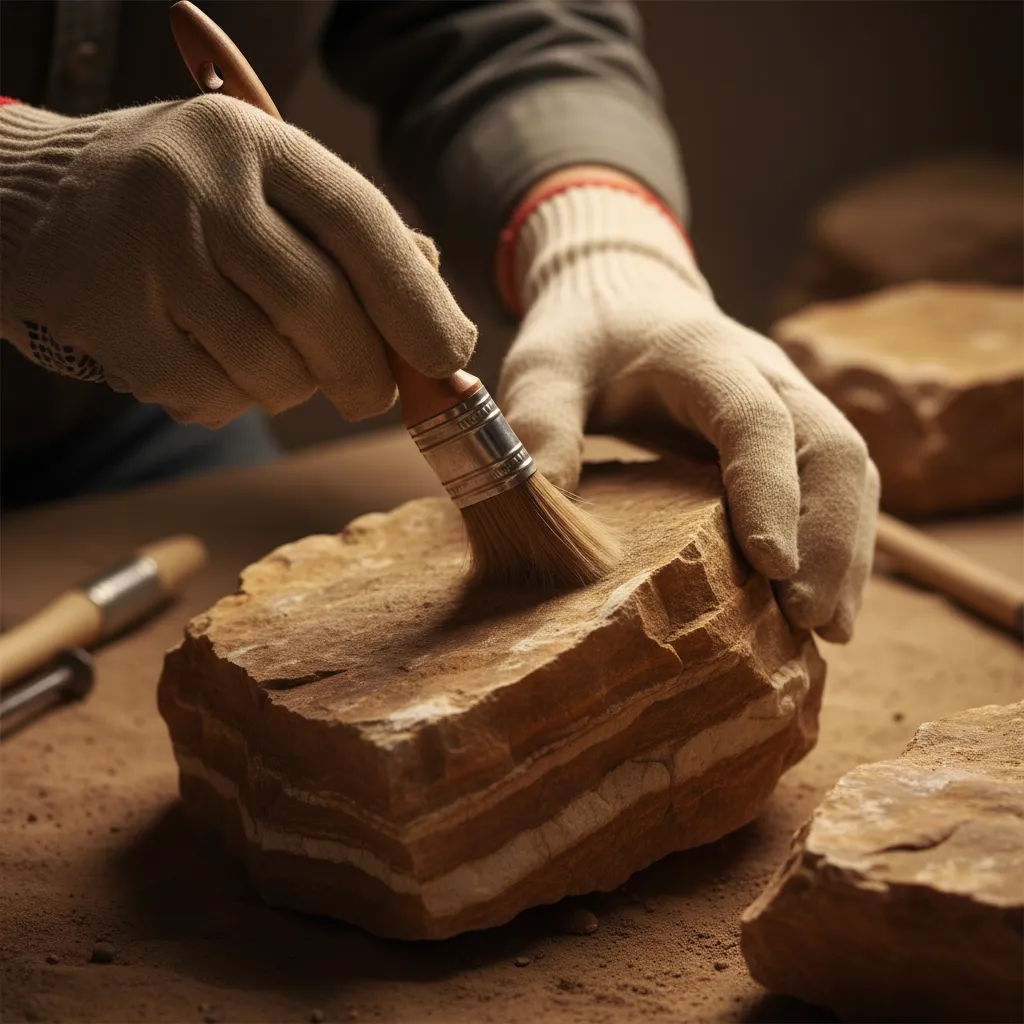 Close up of volunteer carefully brushing a rock