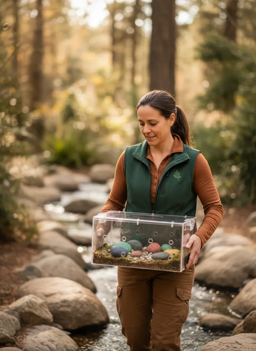 Pet Rock Refuge staff member carrying a safe transport crate