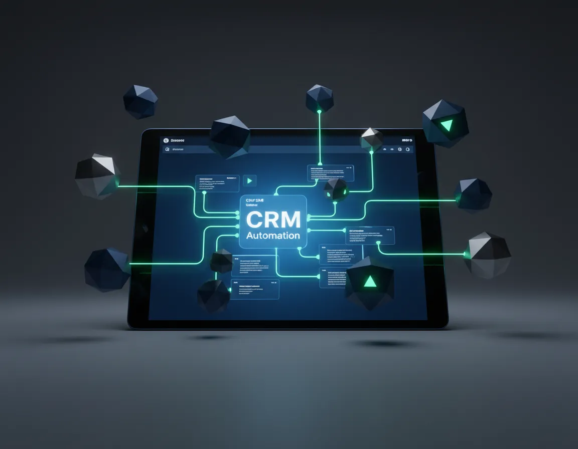 Automation workflow diagram showing lead capture, processing, and CRM updates