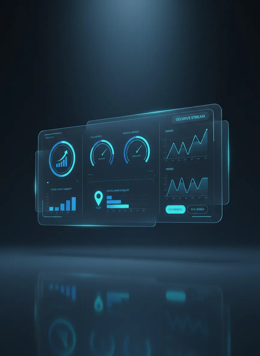 A sleek analytics dashboard showing local search ranking growth and increased visibility metrics.