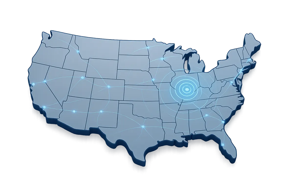 Light-gray stylized U.S. vector map highlighting Raleigh, NC with a pulsing cyan dot and radiating waves to show nationwide coverage.