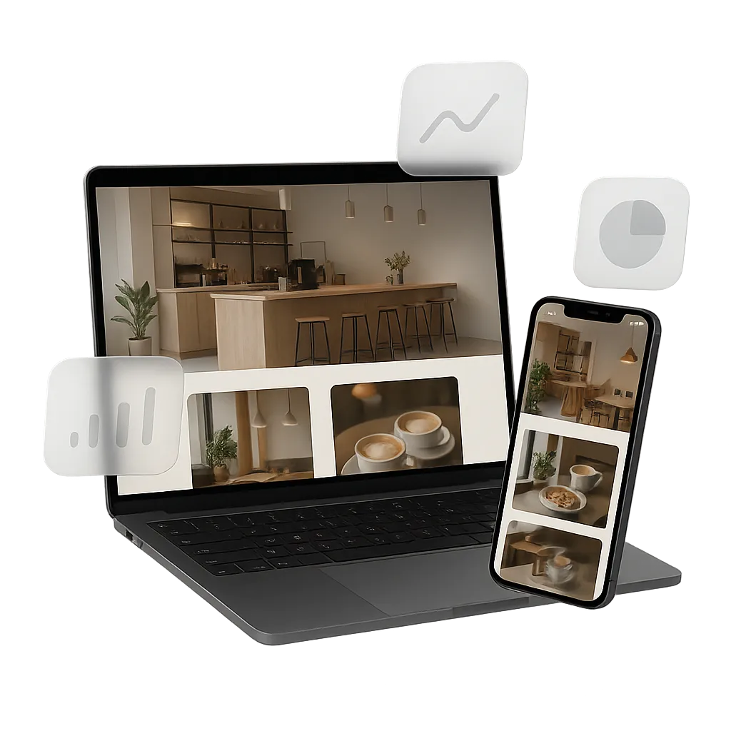 Dual-device mockup showing AI-powered local business website with growth metrics