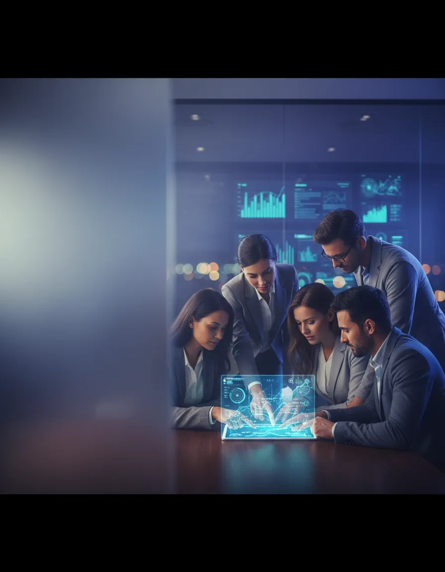 Professionals collaborating around digital metrics with subtle indigo gradient wash
