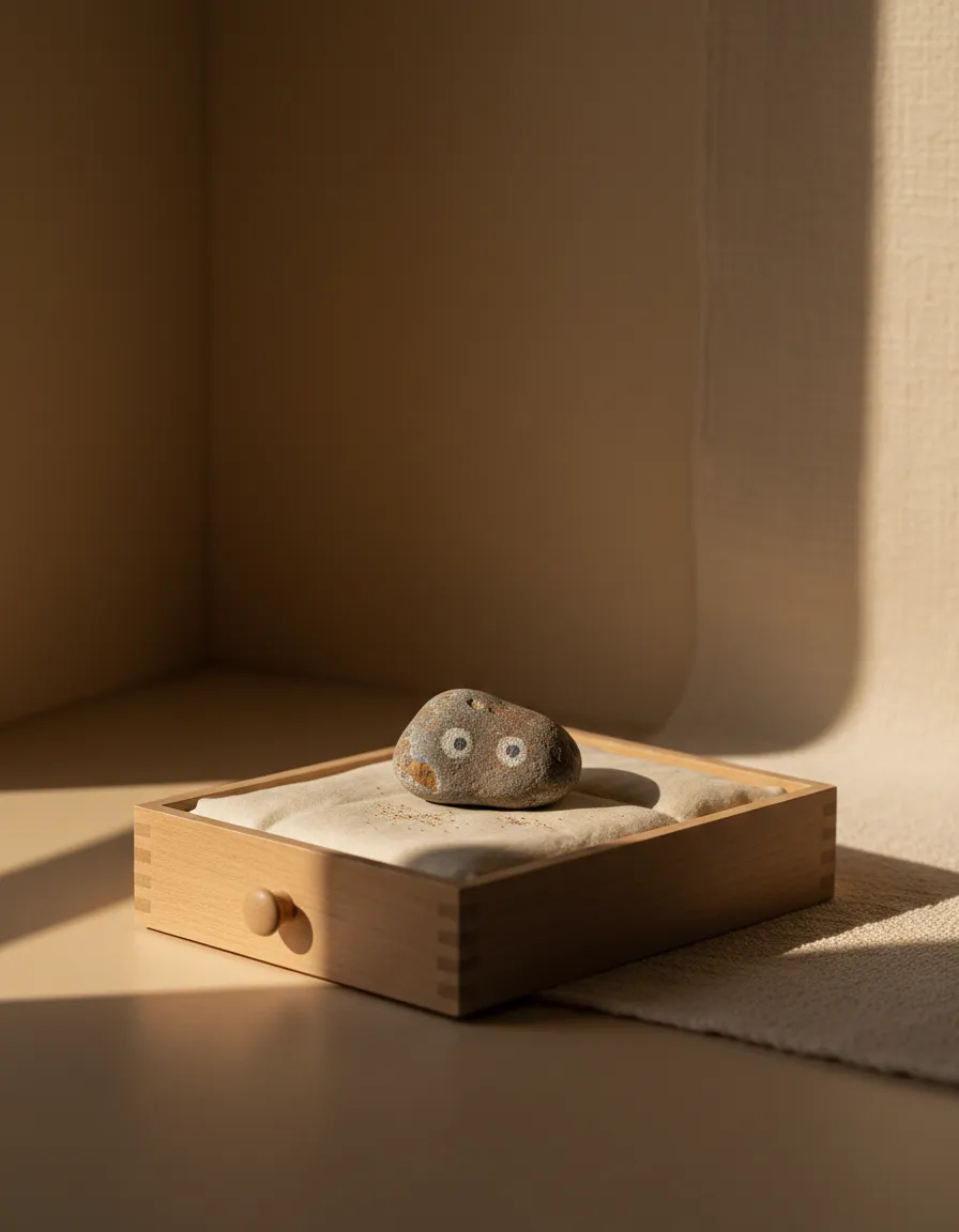 A lonely, neglected pet rock sitting in the corner of a drawer