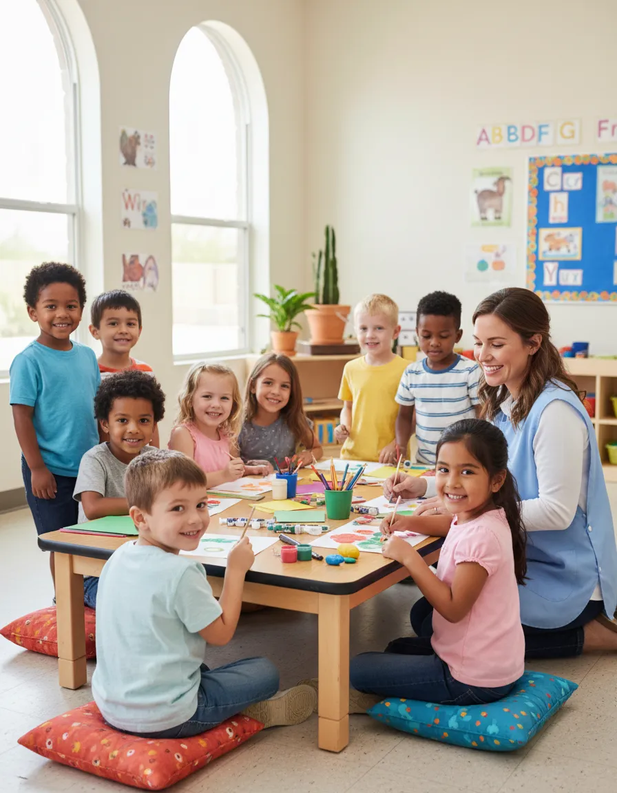 Diverse children learning and playing with a caring teacher at Magical Star Preschool in Phoenix
