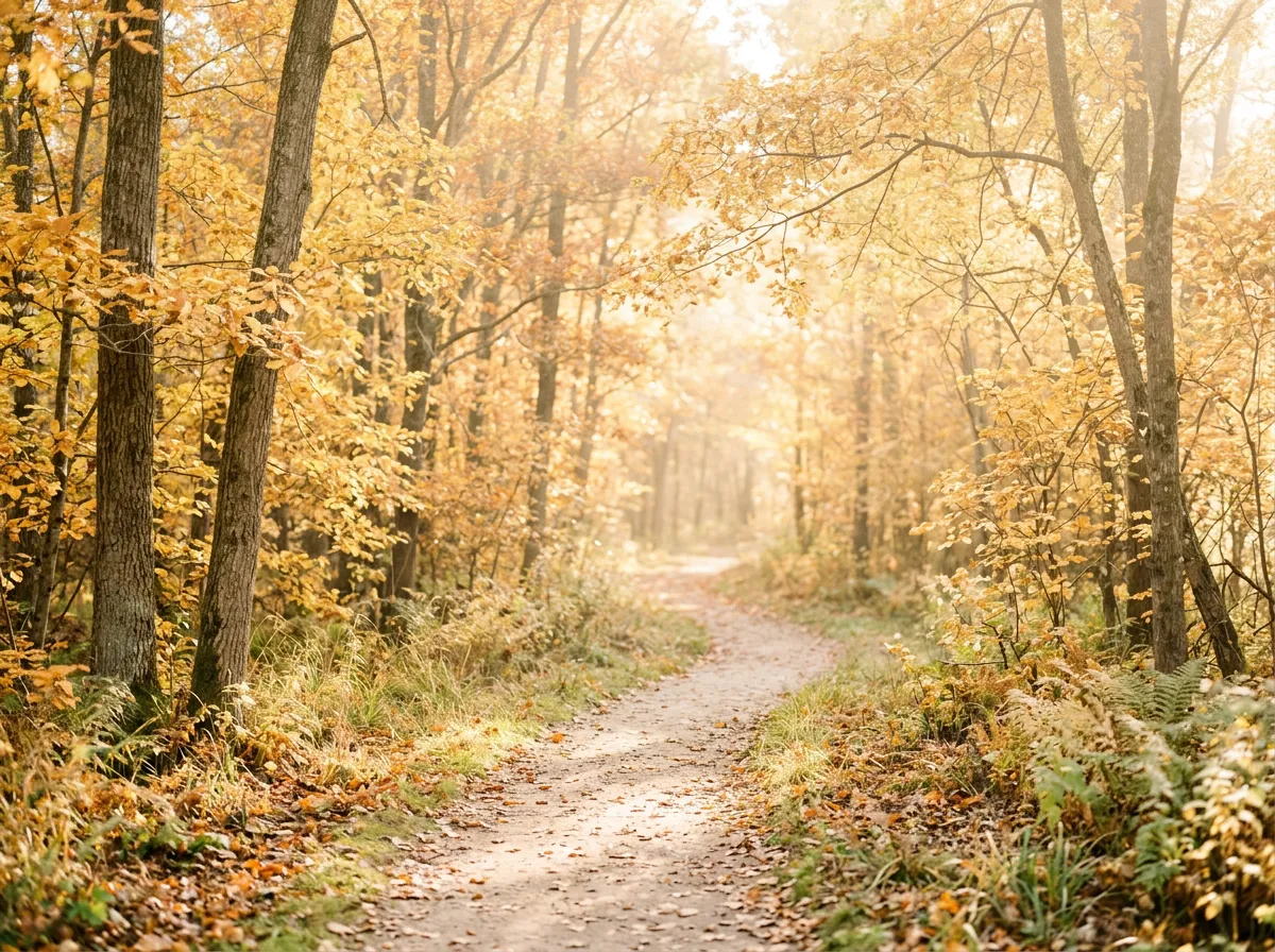 Bright sunlit path with soft golden autumn foliage and gentle haze